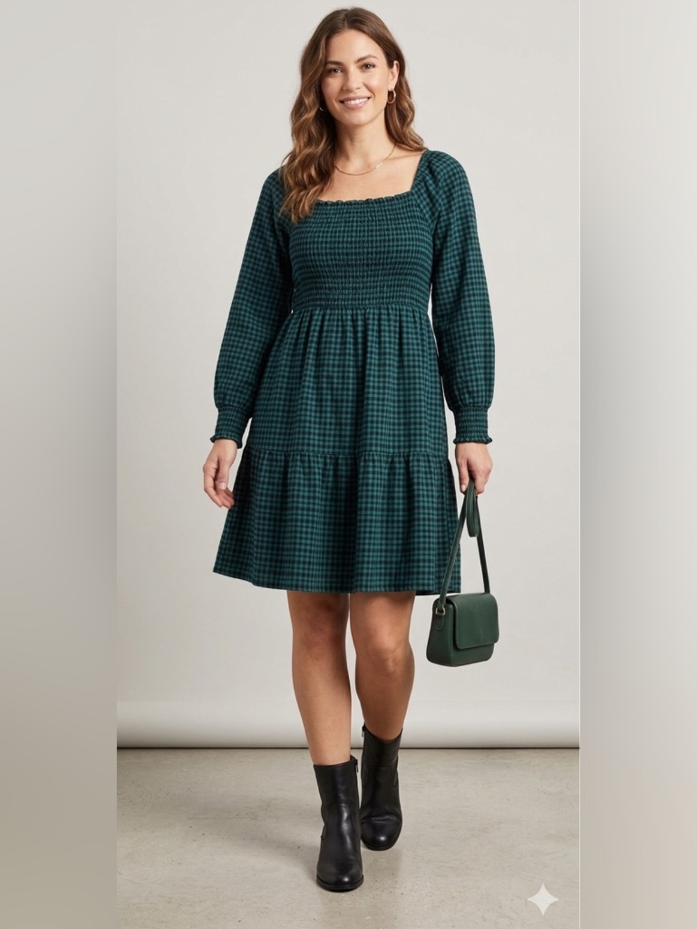 Lucky Brand Dark Green Plaid Smocked Long-Sleeve Dress NWT